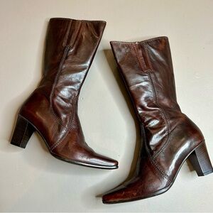 Moda Spana Brown Leather Knee High Boots Size 7M Square Toe Block Heel Zip
